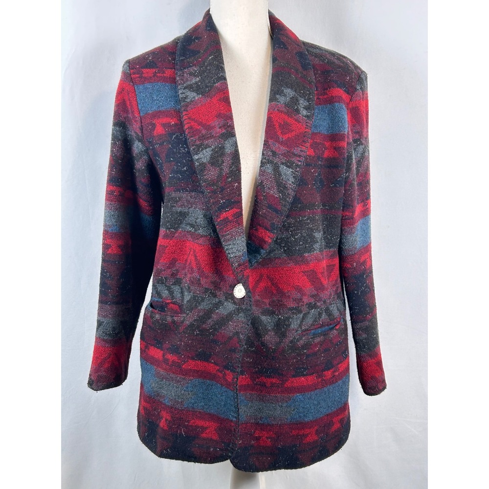 Vintage Southwestern Blazer Women M Red Geometric Tribal Print Shawl Collar
